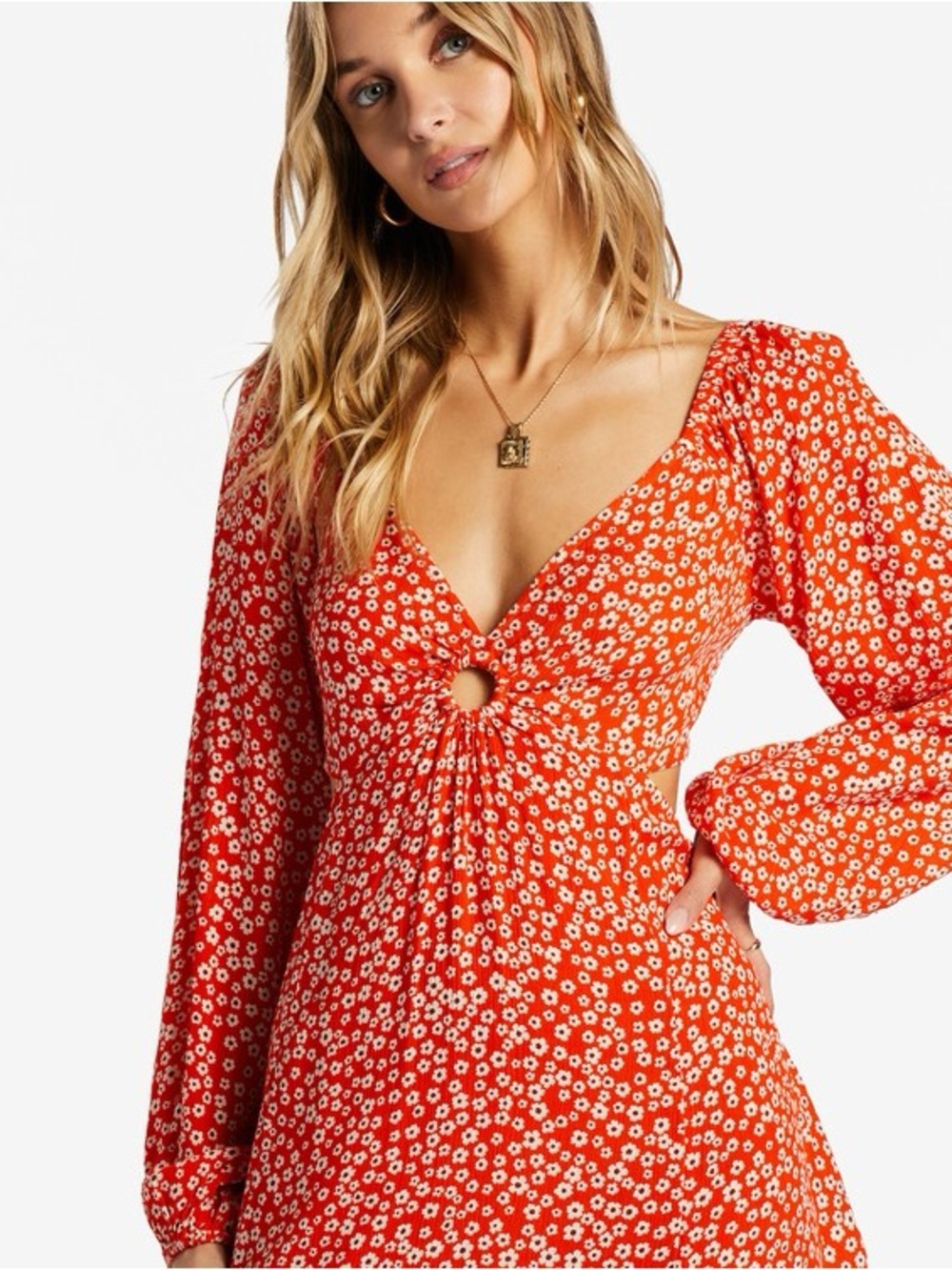 Billabong Women’s Last Call Orange Floral Maxi Dress with Side Cut-Outs (Medium)